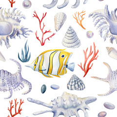 Seashells, seahorse and fish on an isolated background. Watercolor illustration, seamless pattern