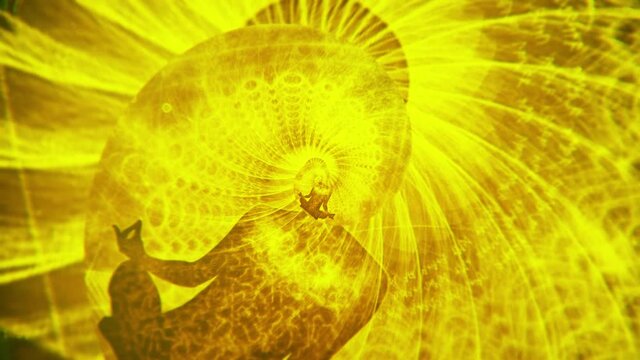 Silhouette of a yogi in a lotus asana on the background of a rotating yellow background. Animation. Concept of golden ratio and self knowledge.