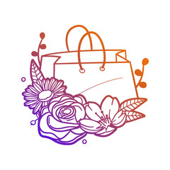 Shopping Box Rose Flower with Vintage Bag  Design. Basket Floral frame ornament vector style. Decoration Design Wreat illustration.