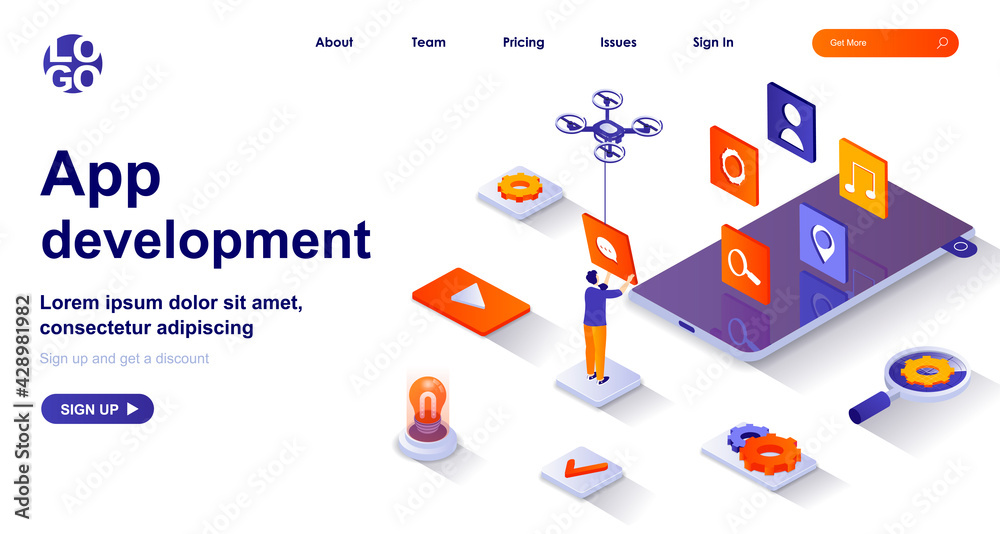 Leinwandbilder App development isometric landing page. Developer work on smartphone mobile app isometry concept. Mobile software settings 3d web banner. Vector illustration with people characters in flat design