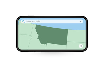 Searching map of Montana in Smartphone map application. Map of Montana in Cell Phone.