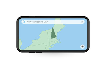Searching map of New Hampshire in Smartphone map application. Map of New Hampshire in Cell Phone.