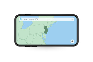 Searching map of New Jersey in Smartphone map application. Map of New Jersey in Cell Phone.