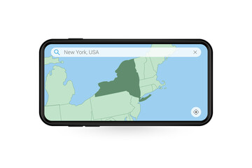 Searching map of New York in Smartphone map application. Map of New York in Cell Phone.