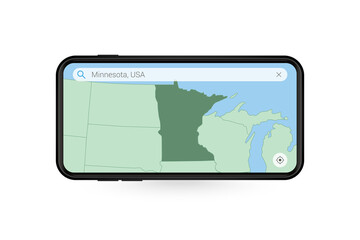 Searching map of Minnesota in Smartphone map application. Map of Minnesota in Cell Phone.