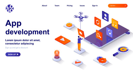 App development isometric landing page. Developer work on smartphone mobile app isometry concept. Mobile software settings 3d web banner. Vector illustration with people characters in flat design