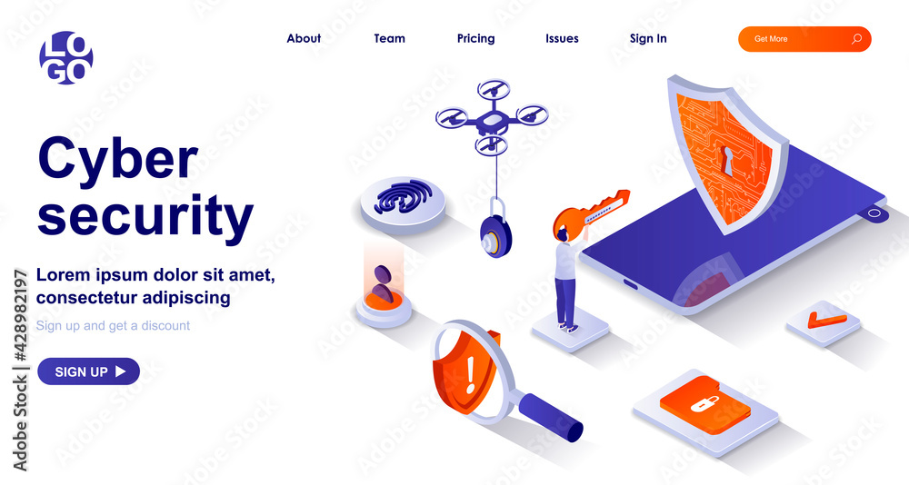Poster cyber security isometric landing page. protect personal data, safe internet isometry concept. access