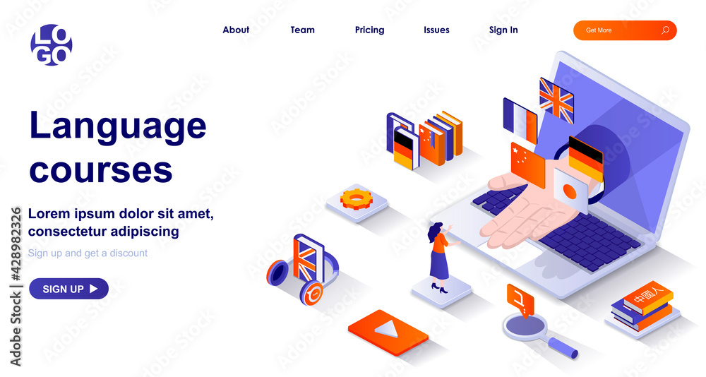 Poster language courses isometric landing page. studying at language school isometry concept. online educat