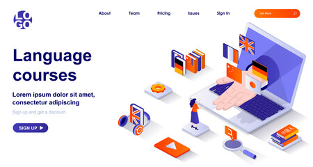 Language courses isometric landing page. Studying at language school isometry concept. Online education, distance learning 3d web banner. Vector illustration with people characters in flat design © alexdndz
