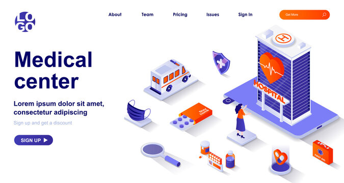 Medical center isometric landing page. Healthcare and medical services isometry concept. Hospital, ambulance, therapy patients 3d web banner. Vector illustration with people characters in flat design