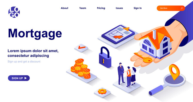Mortgage isometric landing page. Bank loan for home purchase isometry concept. Estate agent selling house, apartment rent 3d web banner. Vector illustration with people characters in flat design