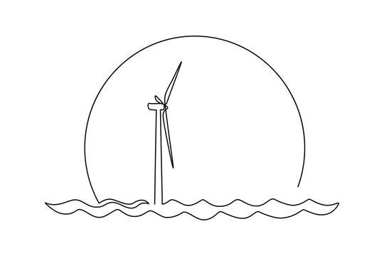Wind energy in continuous line art drawing style. Offshore wind turbine against big sunset sun. Renewable source of power. Black linear design isolated on white background. Vector illustration