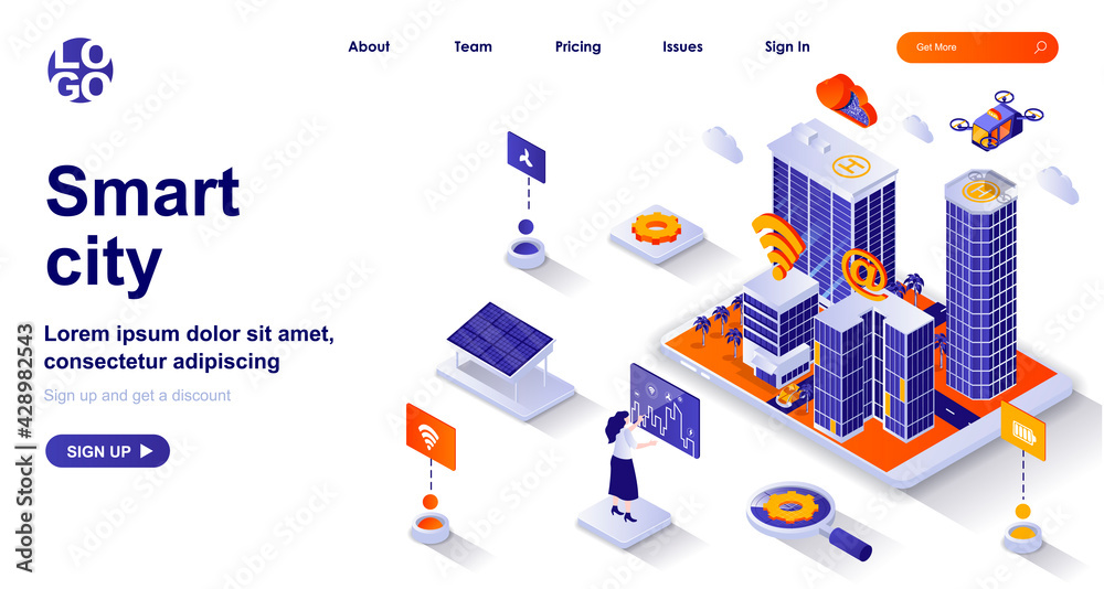 Aufkleber smart city isometric landing page. futuristic cityscape with modern tech isometry concept. green ene