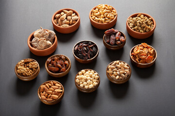 Dried fruits and mixed nuts. Healthy foods.