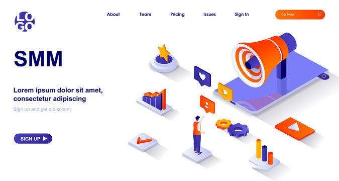 SMM isometric landing page. Attracting clients from social networks, online promotion isometry concept. Social media marketing 3d web banner. Vector illustration with people characters in flat design