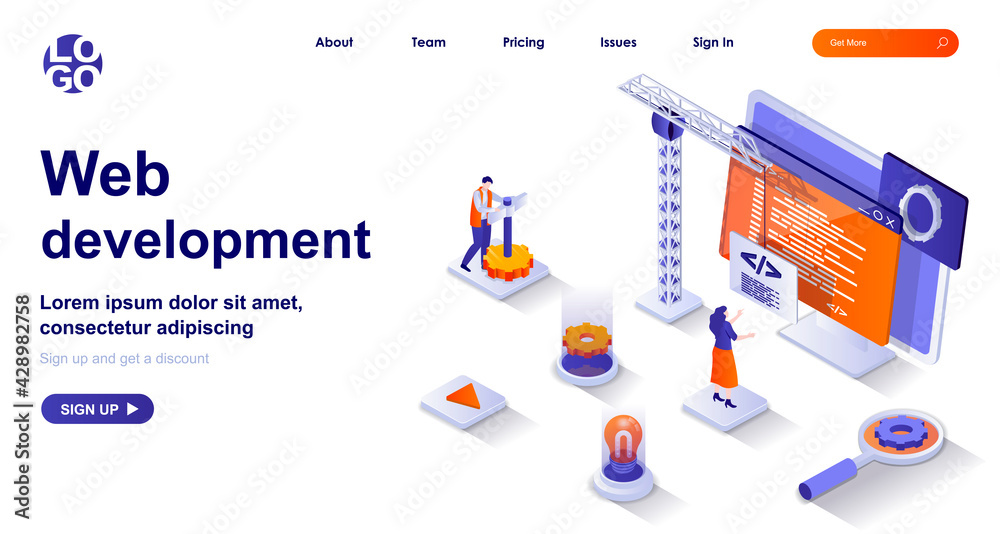 Aufkleber Web development isometric landing page. Development of interface site code isometry concept. Developers coding, testing page 3d web banner. Vector illustration with people characters in flat design