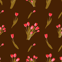 Spring seamless pattern with tulips on a golden olive background. Vector floral background, perfect for printing on fabric, paper.