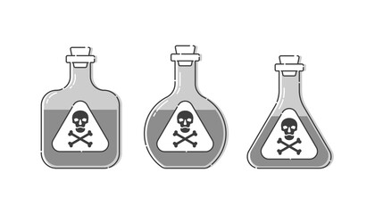 Three form bottle poison with skull full face for concept design. Dangerous container. Potion beverage medical concept. Chemistry addiction icon. Danger symbol. Isolated flat illustration