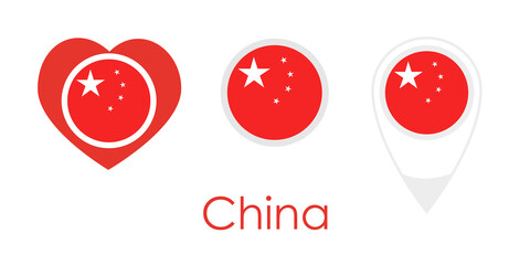 National flag of China, round icon, heart icon and location sign