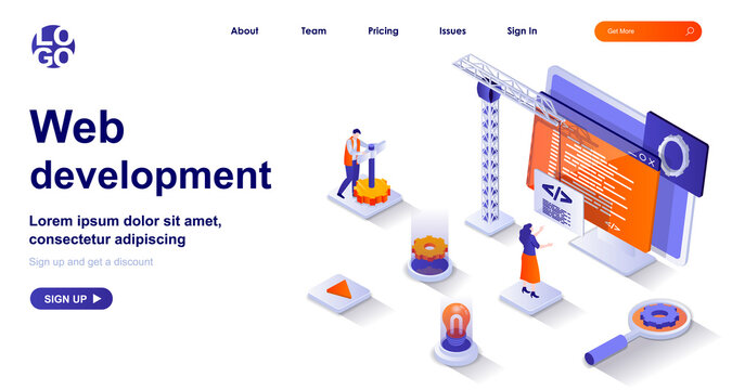 Web development isometric landing page. Development of interface site code isometry concept. Developers coding, testing page 3d web banner. Vector illustration with people characters in flat design