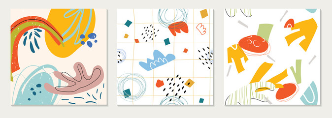Set of modern cards and seamless patterns. Vector collages with hand drawn organic shapes,textures and graphic elements. Trendy spring card. Design perfect for prints,social media, invitations, covers