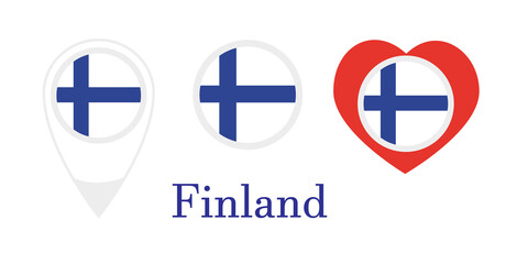 National flag of Finland, round icon, heart icon and location sign