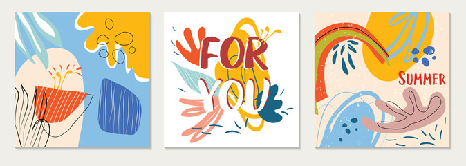 Fototapeta na wymiar Set of modern vector cards collages with hand drawn organic shapes,textures and graphic elements. Trendy spring card. Design perfect for prints,social media,banners,invitations,branding design,covers.