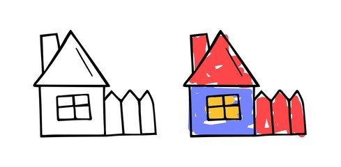 Hand drawn Children's drawing of the house. Doodle sketch style. Symbol cute home. Vector illustration.