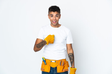 Young Brazilian electrician manipulated isolated on white background with surprise facial expression