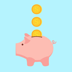 Falling coins in a pink piggy bank in the form of a pig.  Money accumulation concept.  Background for business and finance.