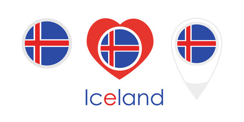 Fototapeta premium National flag of Iceland, round icon, heart icon and location sign