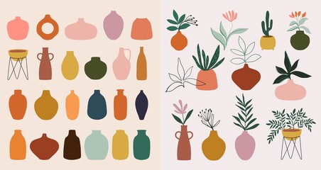 Abstract collection with  different vases and plants, modern design, contemporary, minimalist - obrazy, fototapety, plakaty