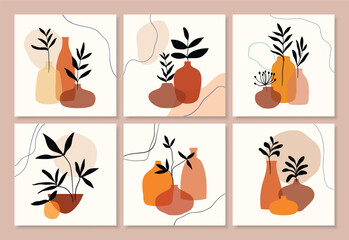 Abstract decorative wall art,  collection with different leaves in vases, summer still life, line art vector illustration, modern minimalist contemporary design