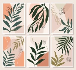 Botanical abstract wall art collection with summer leaves, doodle shapes, vector illustration, modern minimalist contemporary design