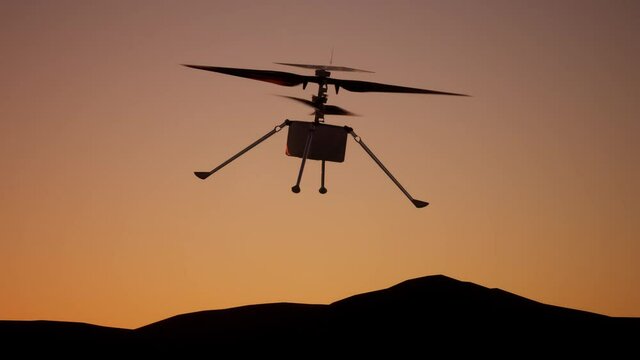 Helicopter Ingenuity explores Mars. Drone on the ground of Mars examining the planet