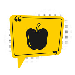 Black Apple icon isolated on white background. Fruit with leaf symbol. Yellow speech bubble symbol. Vector