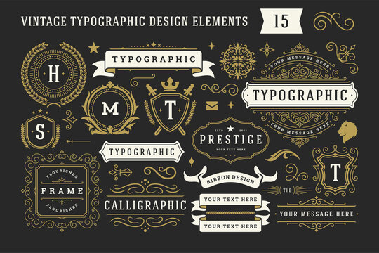 Vintage Typographic Decorative Ornament Design Elements Set Vector Illustration