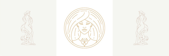 Magic woman circle head and female virgo in boho linear style vector illustrations set. - obrazy, fototapety, plakaty