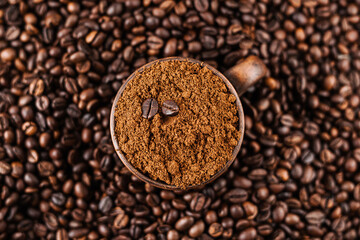 Сoffee beans. View from above. ground coffee