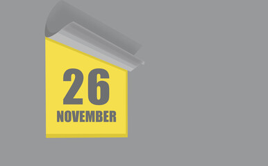 november 26. 26-th day of the month, calendar date. Gray numbers in a yellow window, on a solid isolated background. Spring month, day of the year concept