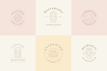 Feminine logos emblems design templates set with magic woman portraits vector illustrations minimal line art style