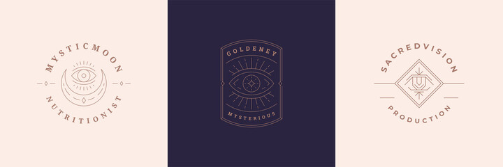 Mystic logos emblems design templates set with magic eyes and eyelashes vector illustrations minimal line art style.