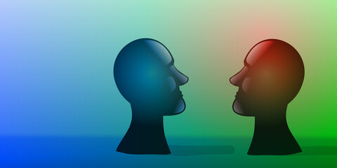 Two bust sculptures facing one in front of other as a symbol of conversation or confrontation,  in a surreal ambient. Digital illustration