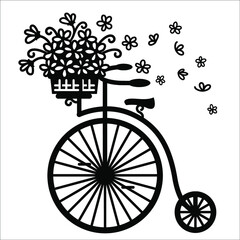 Fototapeta na wymiar Vintage bicycle with flowers and ballons. Vector graphic illustration of old-style bike silhouette for print isolated on white