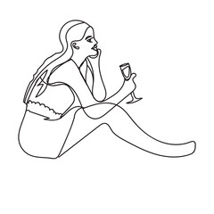 Woman drinks wine continuous one line drawing. Girl with wineglass,hand drawn character. Romantic celebration with alcoholic beverages. Young lady cheers gesture minimalistic illustration