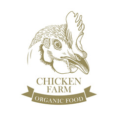 Chicken farm labels and design elements in hand drawn line style for your design. Silhouette of chicken and eggs 100%  organic food, natural product.