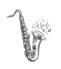 Hand drawn sketch of saxophone isolated vector art. Musical instrument for design decoration invitation jazz festival, music shop - obrazy, fototapety, plakaty