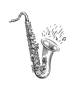 Hand drawn sketch of saxophone isolated vector art. Musical instrument for design decoration invitation jazz festival, music shop