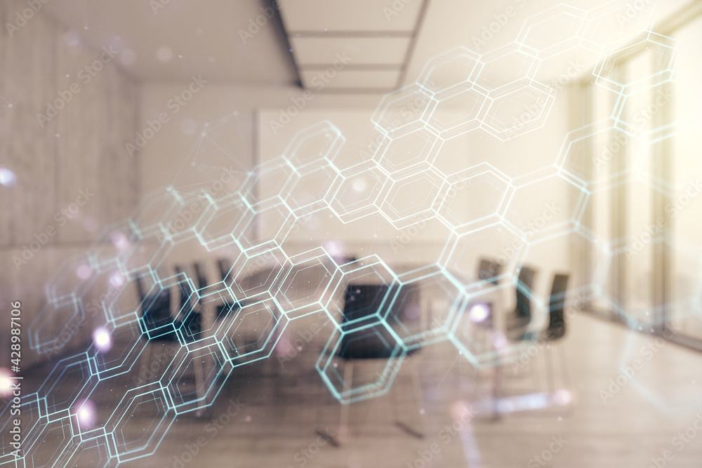 Poster Abstract virtual wireless technology hologram with hexagon on a modern conference room background. Big data and database concept. Multiexposure