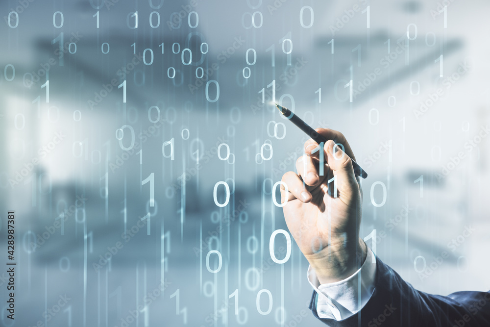 Poster man hand with pen working with abstract virtual binary code hologram on blurred office background, a